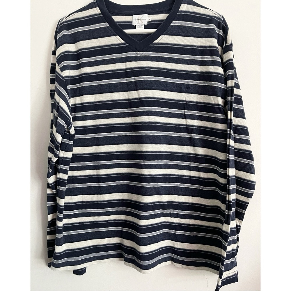 Calvin Klein • Men’s Blue Cream Striped Long Sleeve Top